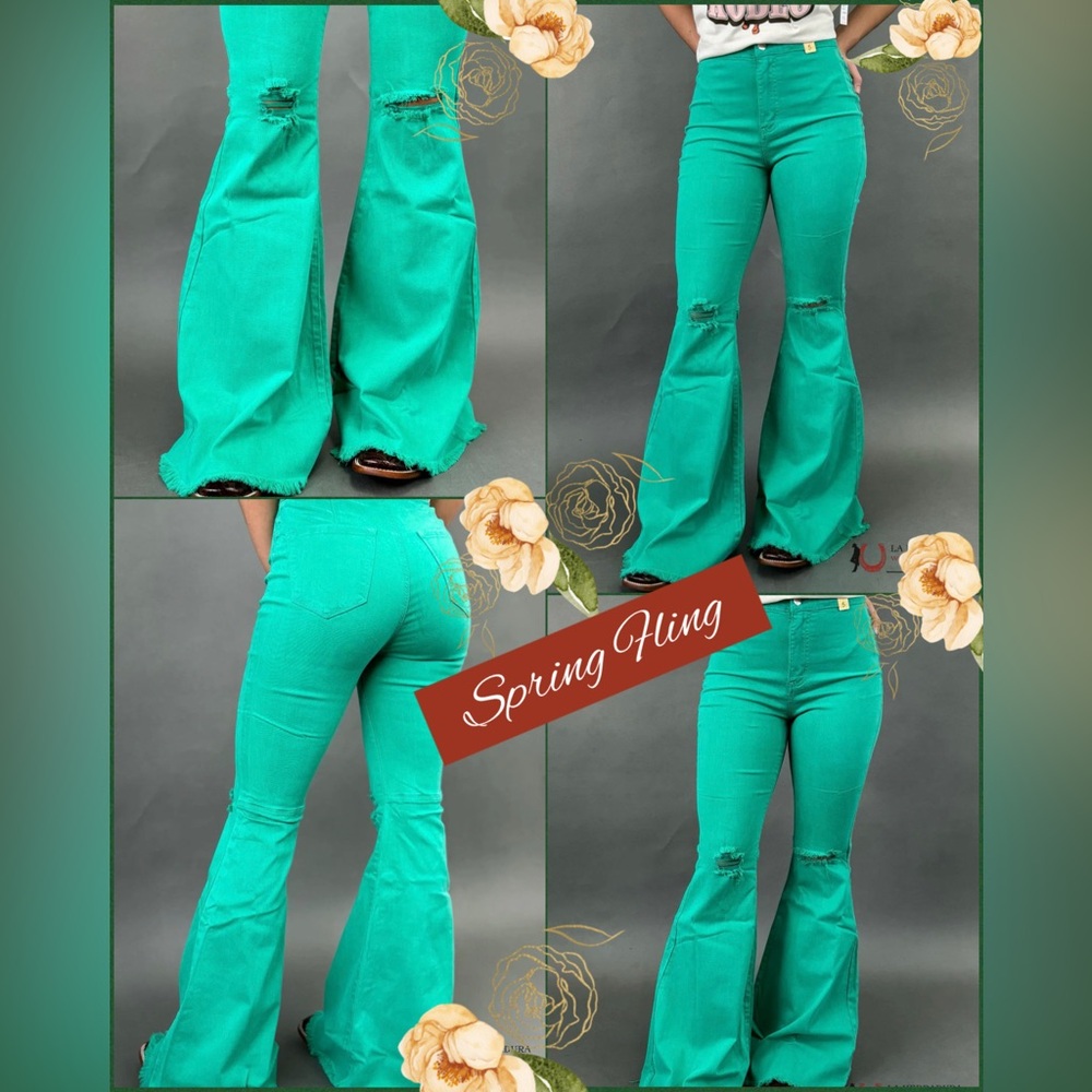 New! The “Spring Fling” Flares Bell Bottom Western Rodeo Boho Kelly Green Jeans